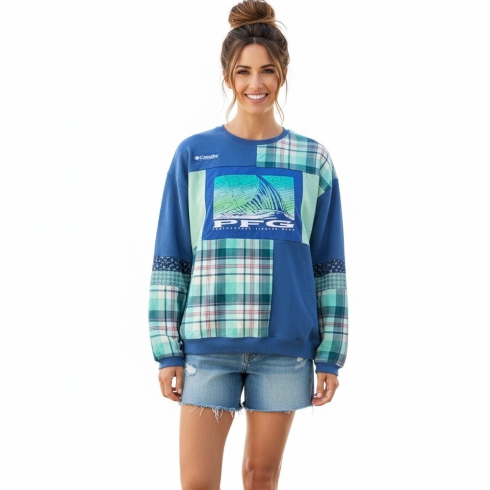 Upcycled Columbia PFG Patchwork Sweatshirt.  "True Blue"  One of a Kind.